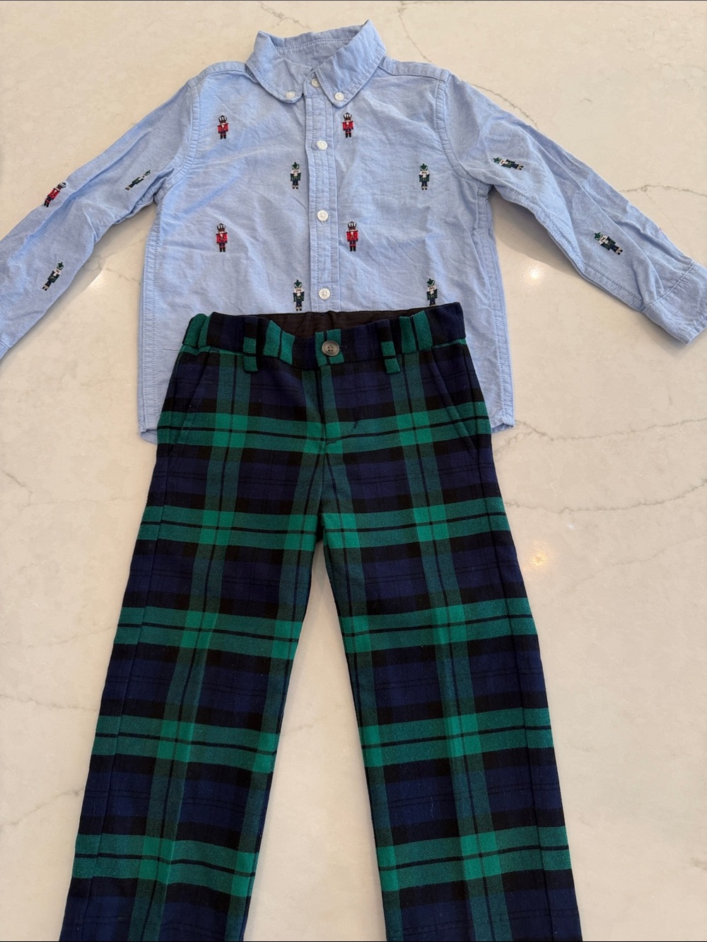 Janie and Jack Light Blue Button-Down with Navy & Green Plaid Pants